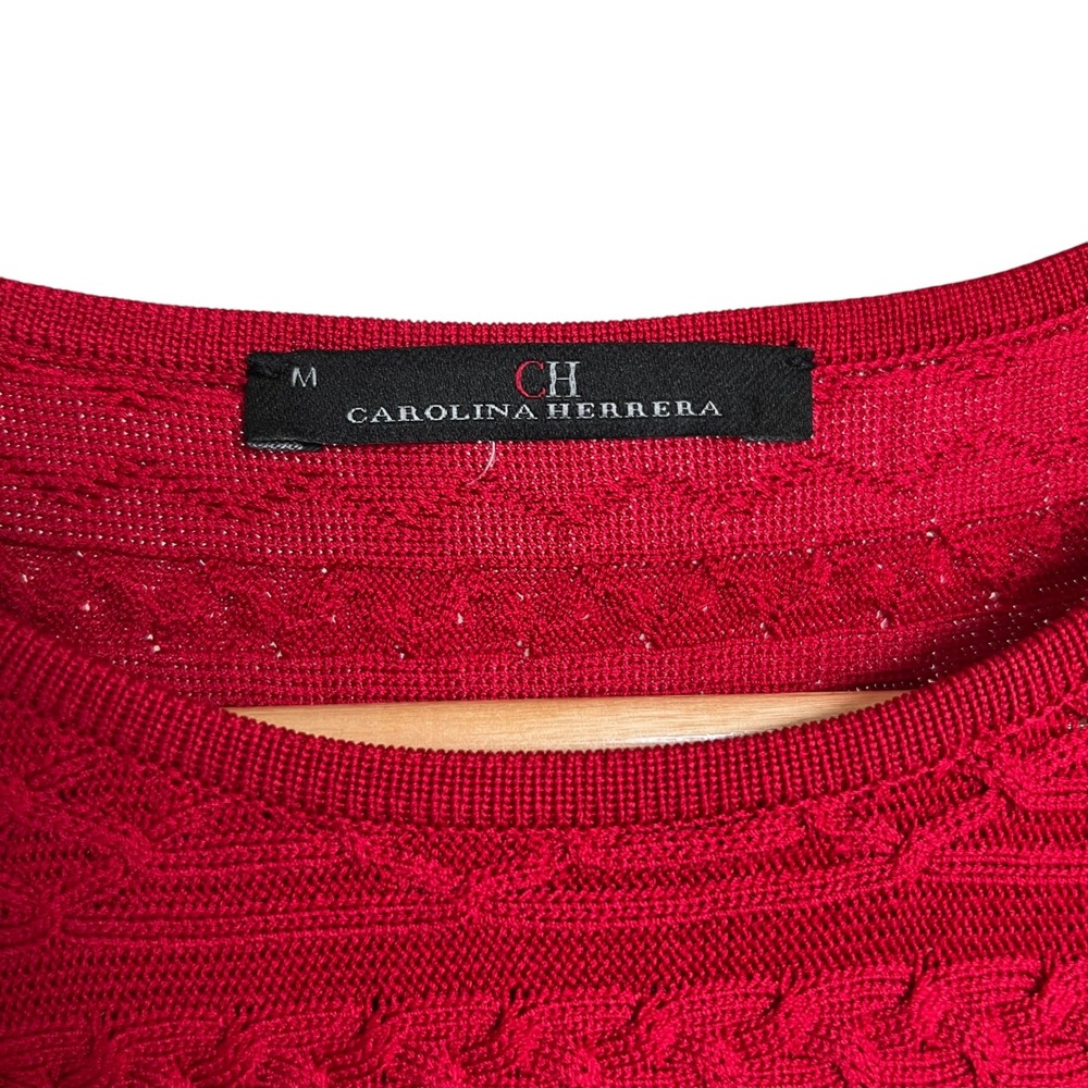 Carolina Herrera Red Cable Knit 3/4 Bell Sleeve Sweater Blouse M Elegant Holiday - Picture 5 of 11
